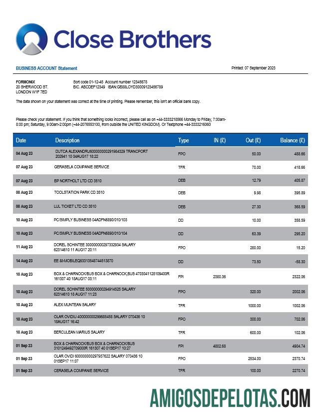 Imprimível Close Brothers Bank Group Company Checking Account Statement Word And PDF model